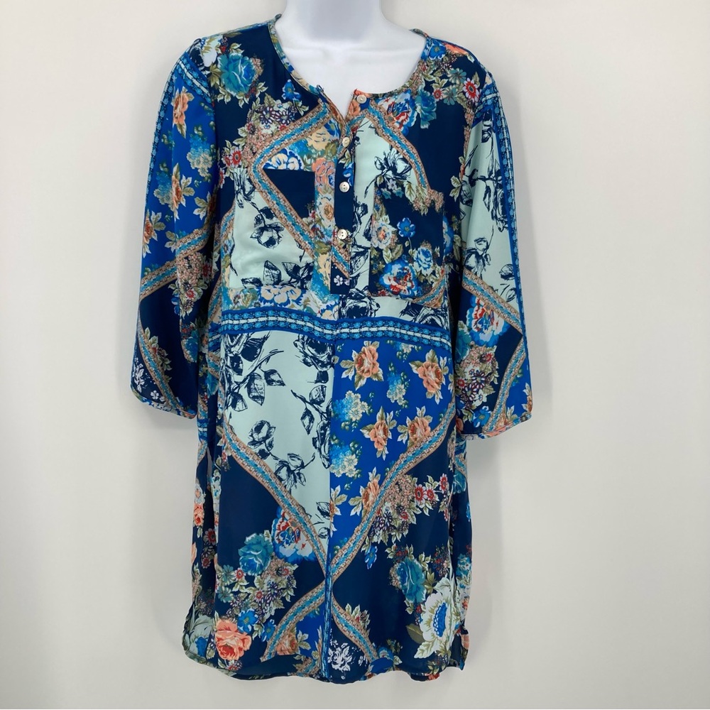 Dress Barn Popover Tunic Top Floral Print High Low Semi Sheer Half Sleeve Sz S